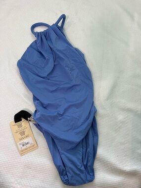 Maygel Cornel Purple High Neck Swimsuit Ruched bottom Open Back Cheeky Poolside